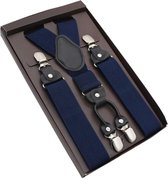 Luxe chique – heren bretels – donkerblauw effen - zwart leer - 4 stevige clips