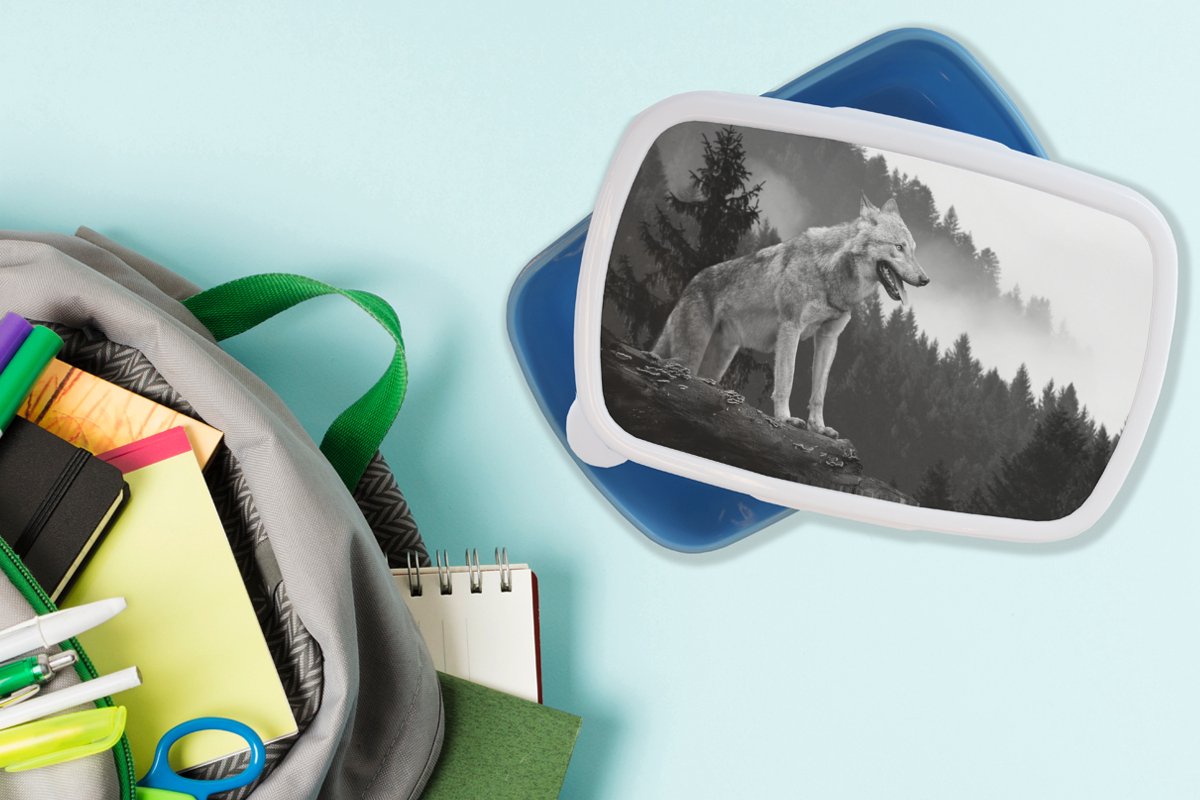 Broodtrommel Blauw - Lunchbox - Brooddoos - Wolf - Bos - Zwart - Wit - 18x12x6 cm - Kinderen - Jongen