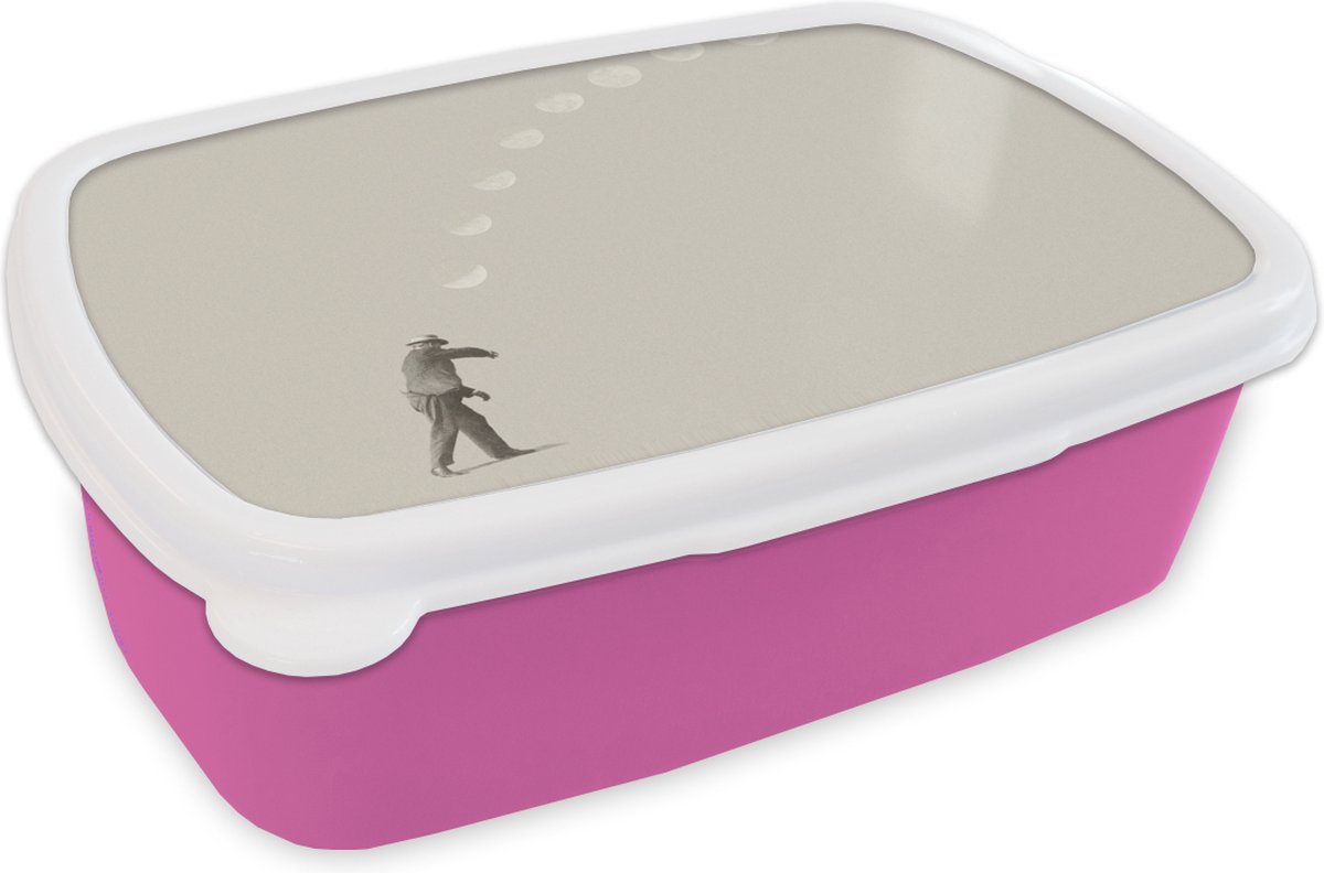 Broodtrommel Roze - Lunchbox - Brooddoos - Vintage - Maan - Man - 18x12x6 cm - Kinderen - Meisje