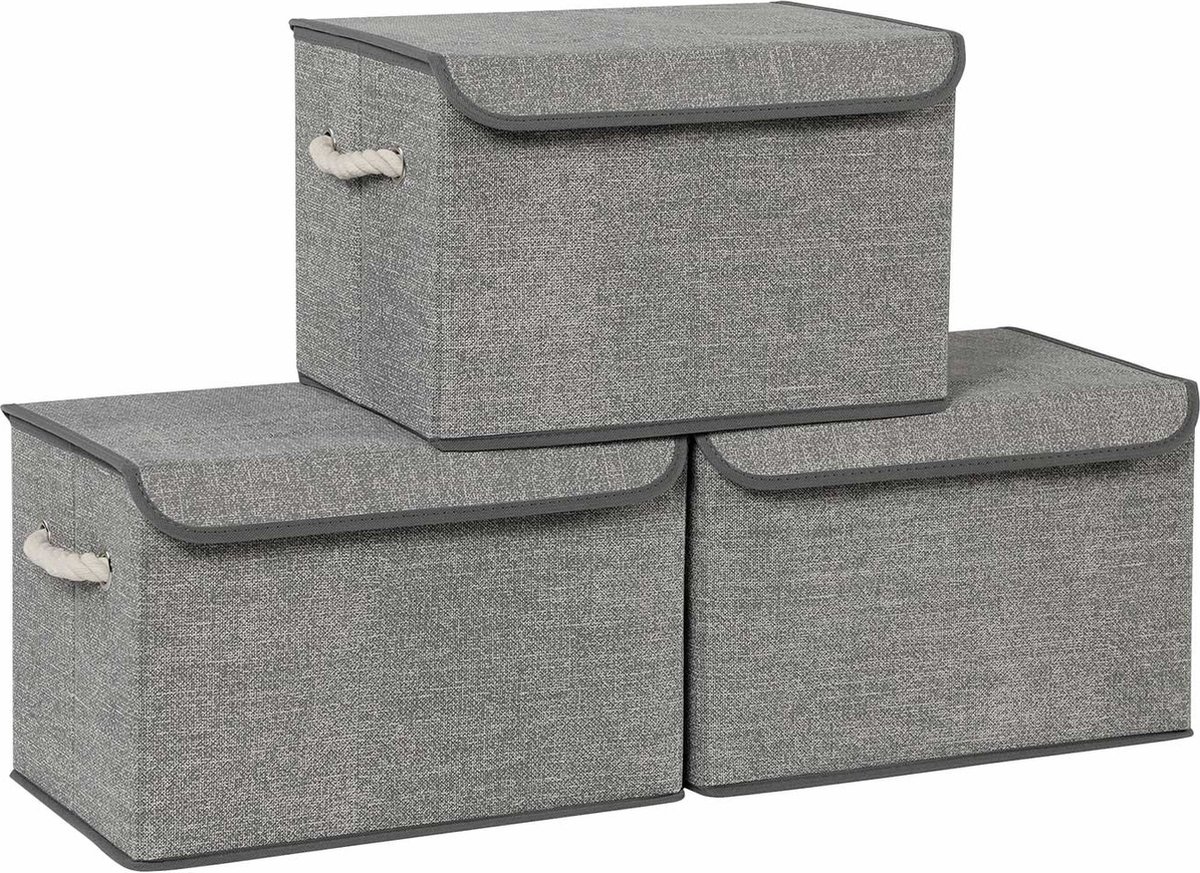 Opbergboxen Cameron - Set van 3 - Stoffen Boxen - met Deksels - Katoenen Handgrepen - Linnen Look - Grijs
