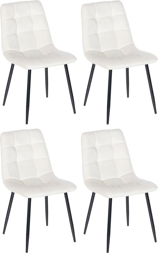 Stoel Eleuterio - Eetkamerstoel - White Velvet - Zwarte poten - set van 4 - Zithoogte 48cm - deluxe