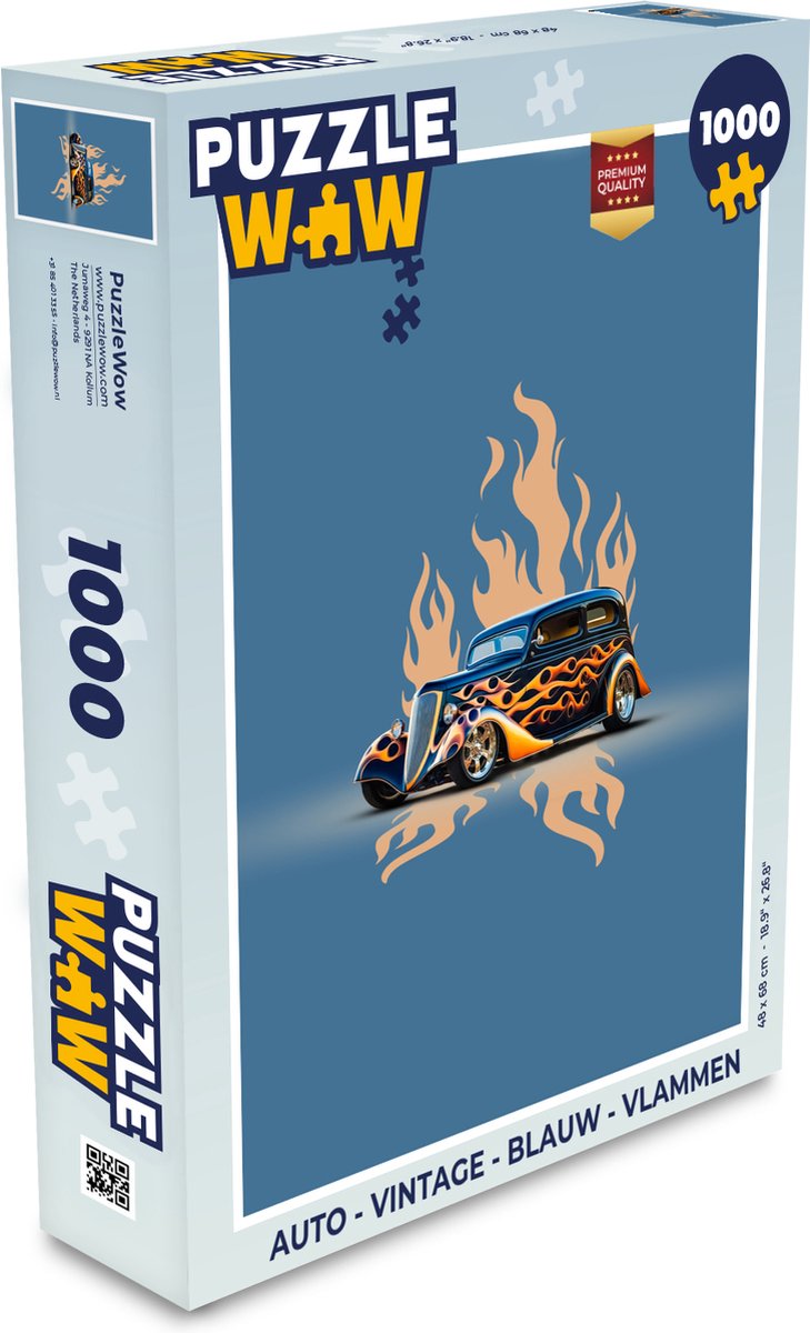 Puzzel Auto - Vintage - Blauw - Vlammen - Legpuzzel - Puzzel 1000 stukjes volwassenen