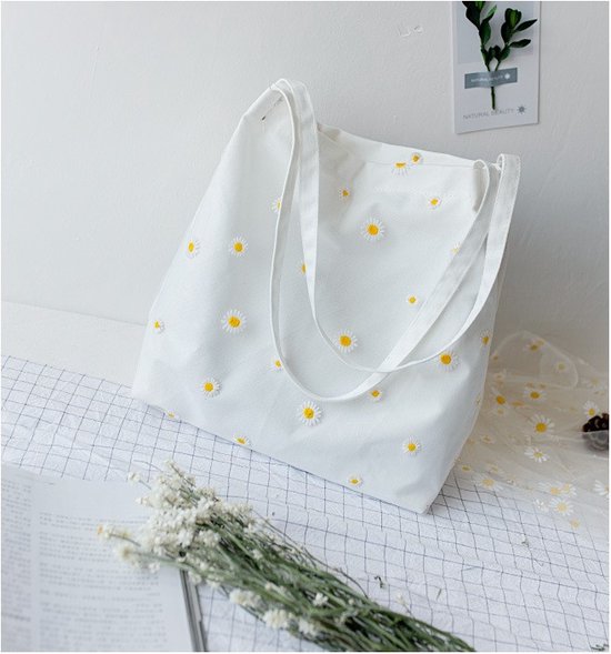 ASTRADAVI Fashion Bags - Tas - Canvas Tote Bag - Mooie Kant Mesh met Kleine Madeliefjes - Wit