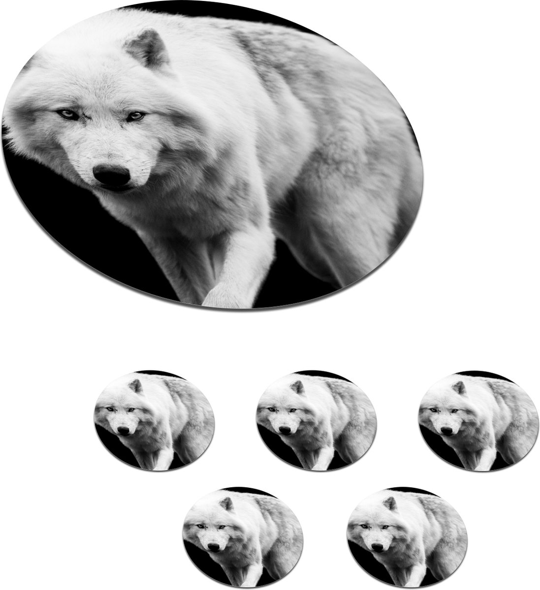 Onderzetters voor glazen - Rond - Wolf - Dier - Zwart - Wit - 10x10 cm - Glasonderzetters - 6 stuks