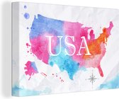 Canvas Wereldkaart - 30x20 - Wanddecoratie Amerika - Wereldkaart - Waterverf