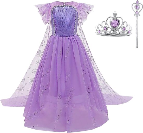 Prinsessenjurk meisje - Verkleedkleding meisje - Carnavalskleding - Paarse jurk - Het Betere Merk - 128/134 (140) - Kroon - Tiara - Toverstaf - Cadeau meisje - Prinsessen speelgoed - Verjaardag meisje