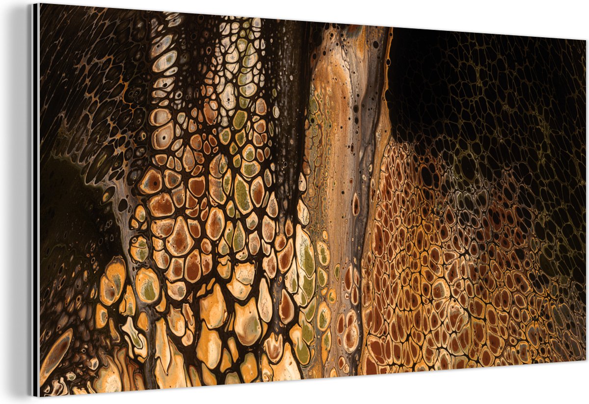 Wanddecoratie Metaal - Aluminium Schilderij Industrieel - Verf - Bruin - Pouring paint - 1