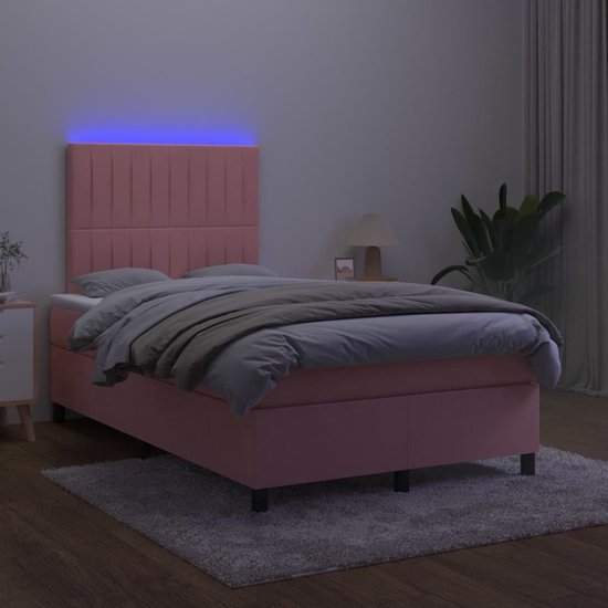 vidaXL-Boxspring-met-matras-en-LED-fluweel-roze-120x200-cm