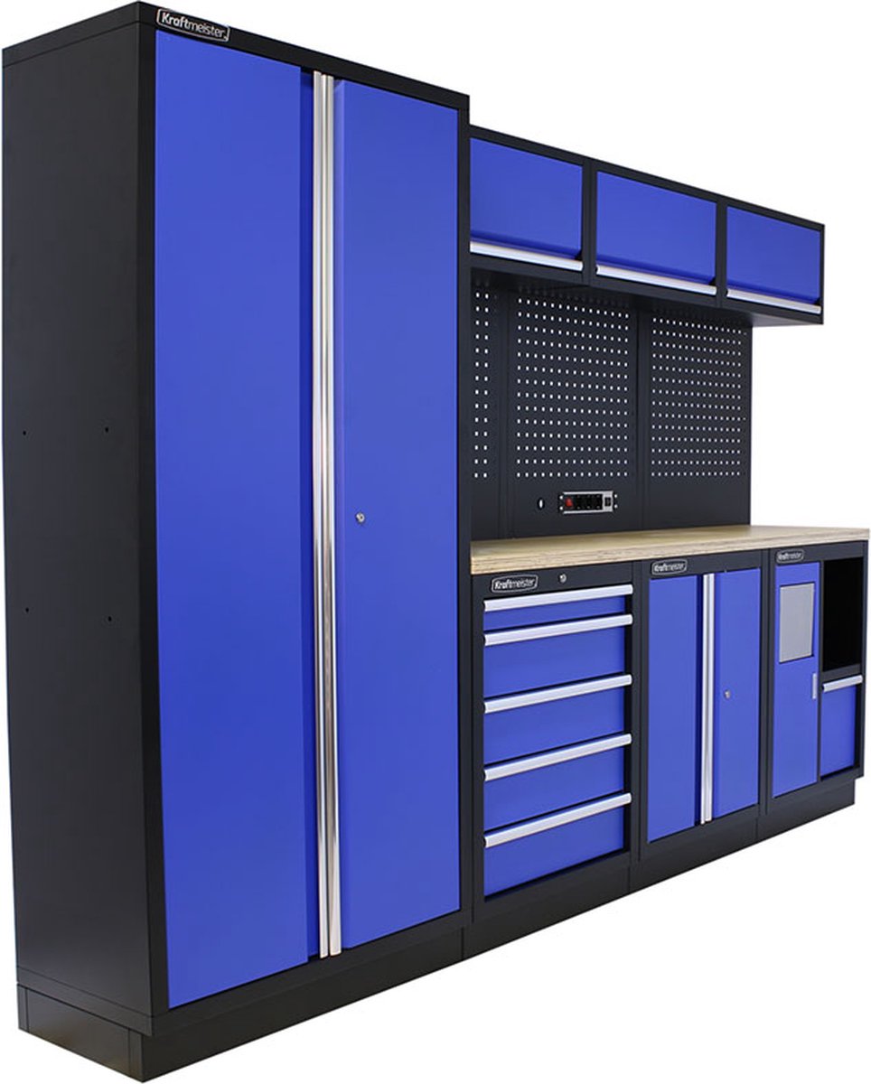 Kraftmeister werkplaatsinrichting - Werkbank met 3 wandkasten, 1 werkplaatskast en multiplex werkblad - Werktafel met 5 laden, 1 opbergkast, 1 prullenbak en gereedschapswand - Complete set voor werkplaats of garage - Blauw