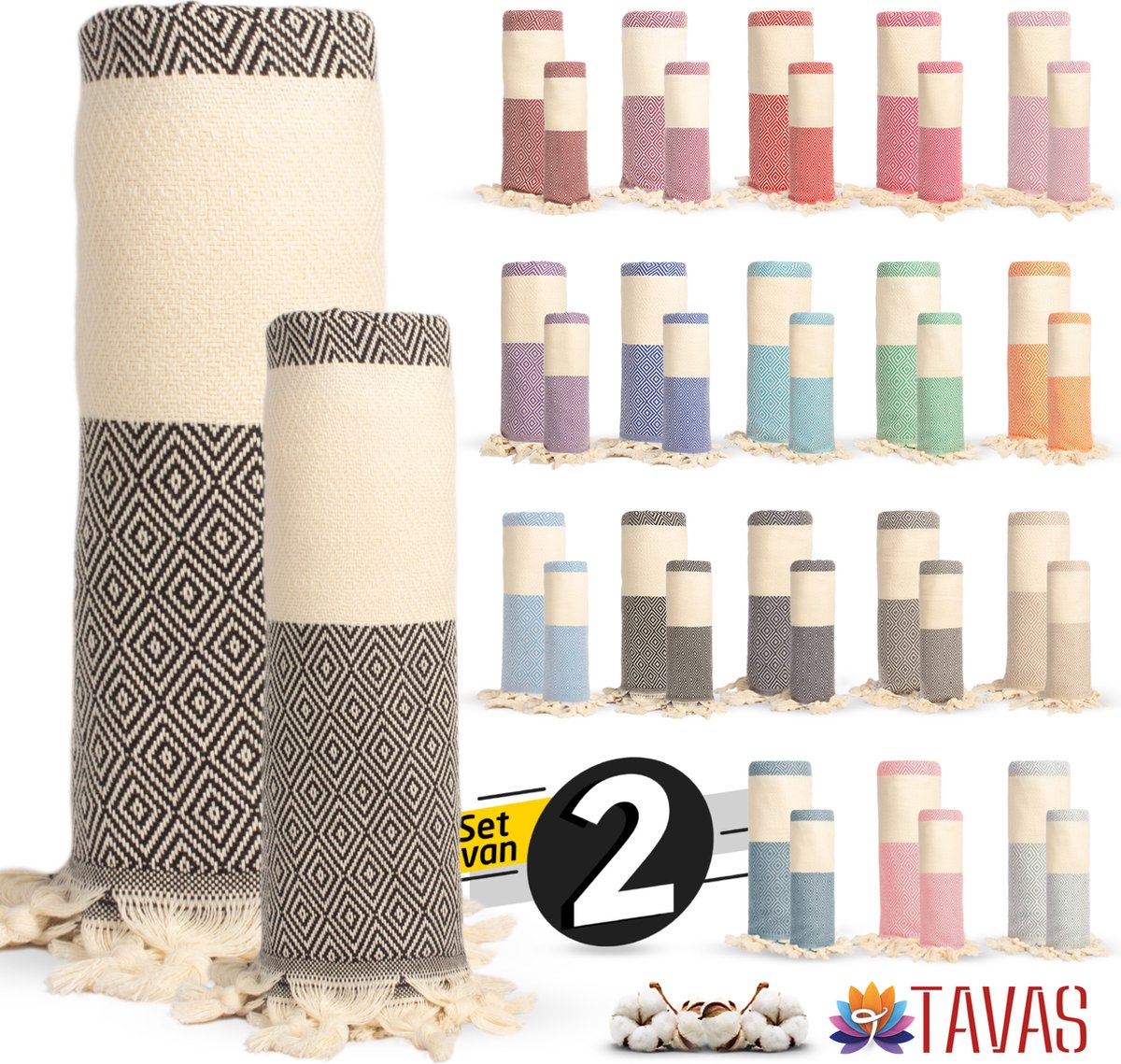 Rome Set van 2 | Hamamdoek 100x180 cm en Handdoek 50x90 cm 100% Katoen Spa Backpack Sauna Strandlaken Zwart