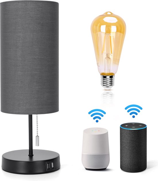 Aigostar Lampe de Bureau avec Lampe Smart - 2 Ports de Charge USB - Raccord E27 - Lampe de Table - Lampe de Lecture - Grijs