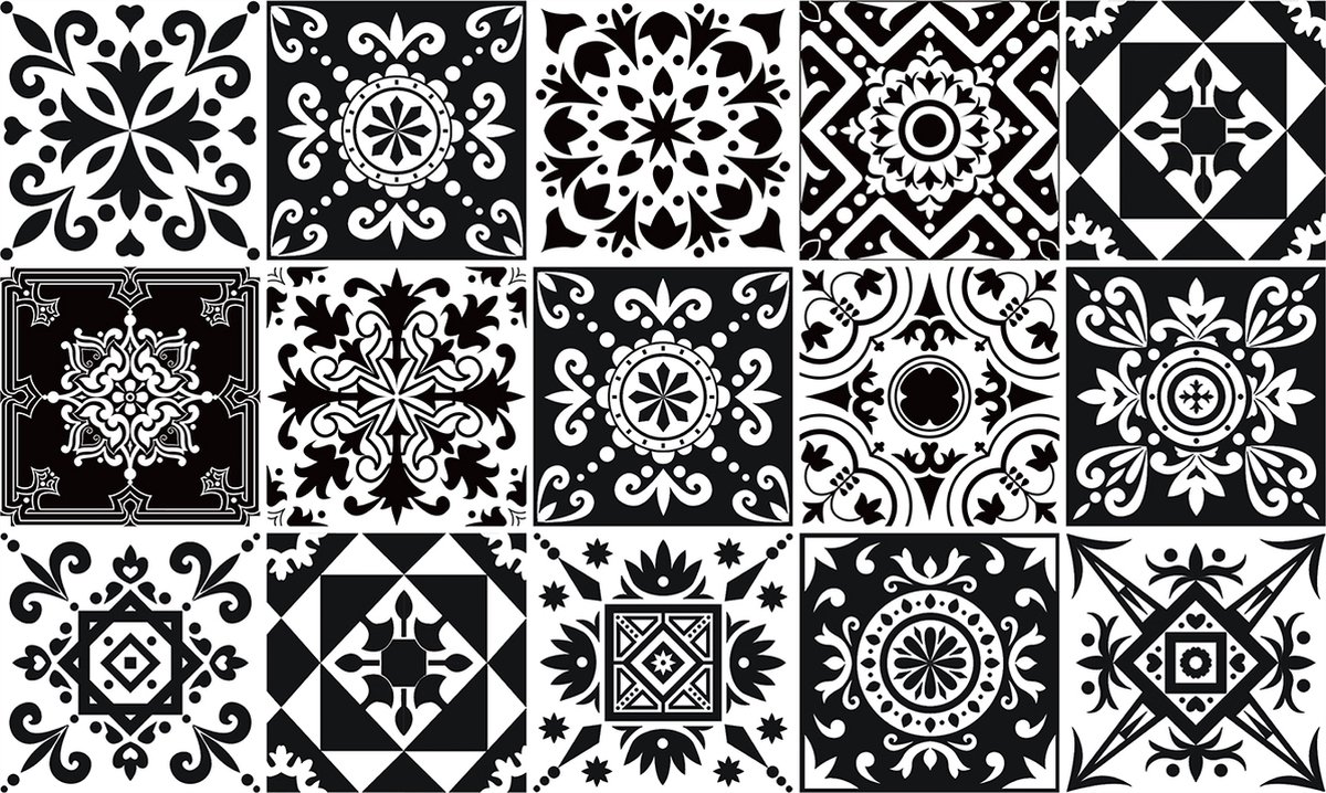 Plaktegels - Zelfklevende Tegels - 15x15 cm - Ulticool - Decoratie Sticker Tegels - Marokkaans Zwart Wit - 15 stuks - Accessoires - Zonder Boren - Plakfolie Tegelstickers - Plaktegels Zelfklevend - Sticktiles - Badkamer - Keuken