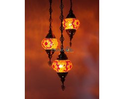 Turkse Lamp - Hanglamp - Mozaïek Lamp - Marokkaanse Lamp - Oosters Lamp - Authentiek - Handgemaakt - Kroonluchter - Rood/ oranje - 3 bollen