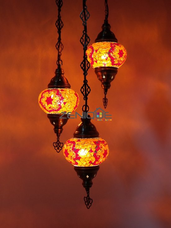 Turkse Lamp - Hanglamp - Mozaïek Lamp - Marokkaanse Lamp - Oosters Lamp - ZENIQUE - Authentiek - Handgemaakt - Kroonluchter - Rood/ oranje - 3 bollen