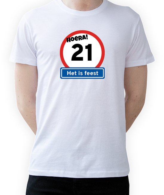 T-shirt Hoera 21 jaar|Fotofabriek T-shirt Hoera het is feest|Wit T-shirt maat L| T-shirt verjaardag (L)(Unisex)