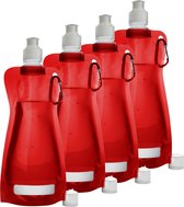 Waterfles/drinkfles/sportbidon opvouwbaar - 10x - rood - kunststof - 420 ml - schroefdop - karabijnhaak