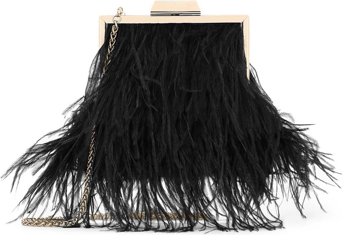 Black evening handbag with feathers