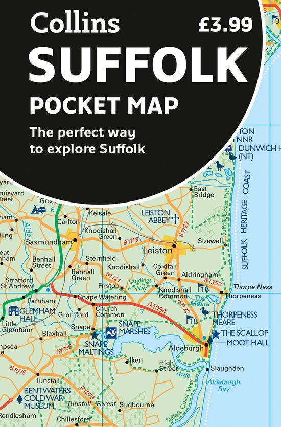 Suffolk Pocket Map, kaart met steden, wegen en bezienswaardigheden.