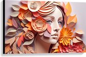 Canvas - Vrouwen Gezicht met Papieren Bloemen en Bladeren - 90x60 cm Foto op Canvas Schilderij (Wanddecoratie op Canvas)