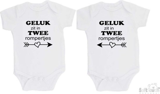 100% katoenen Rompers 2-pack "Geluk zit in twee rompertjes" Tweeling Unisex Katoen Wit/zwart Maat 56/62