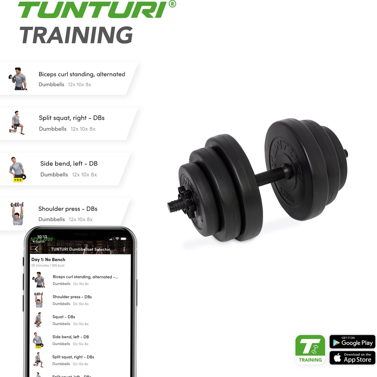 Tunturi Dumbbellset - Halterset - Totaal 15 kg - Zwart Vinyl - Incl. gratis fitness app – foto 7