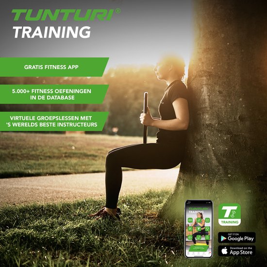 Publicité pour Tunturi Training avec application de fitness gratuite et cours collectifs virtuels, coucher de soleil.
