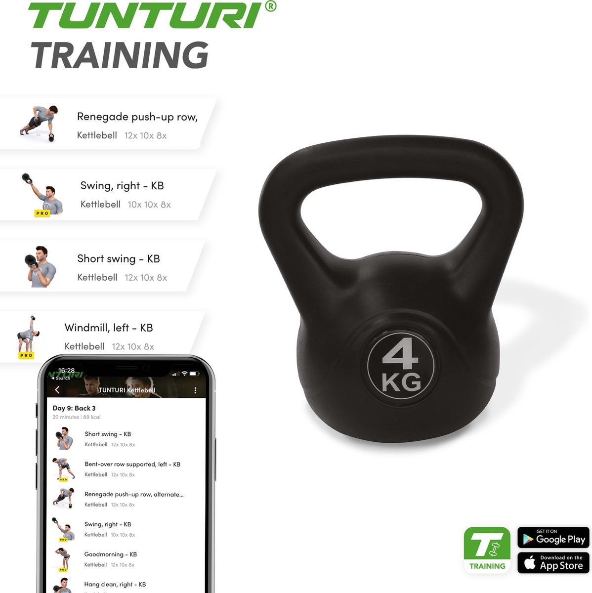 Tunturi PVC Kettlebell - Gewicht - 4kg - Incl. gratis fitness app – foto 3