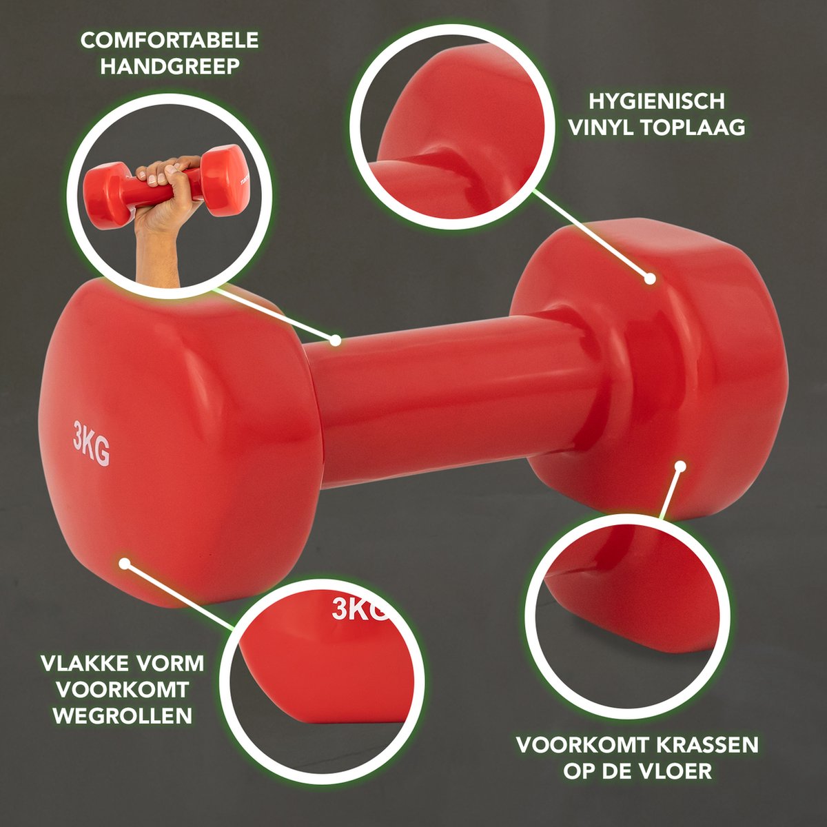 Tunturi Dumbbell set - 2 x 3,0 kg - Vinyl - Rood - Incl. gratis fitness app – foto 4