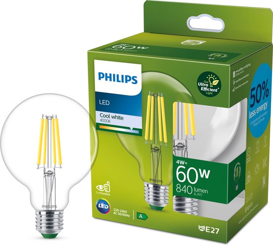 Philips Ultra Efficient LED lamp Globe Transparant - 60 W - E27 - Koelwit licht