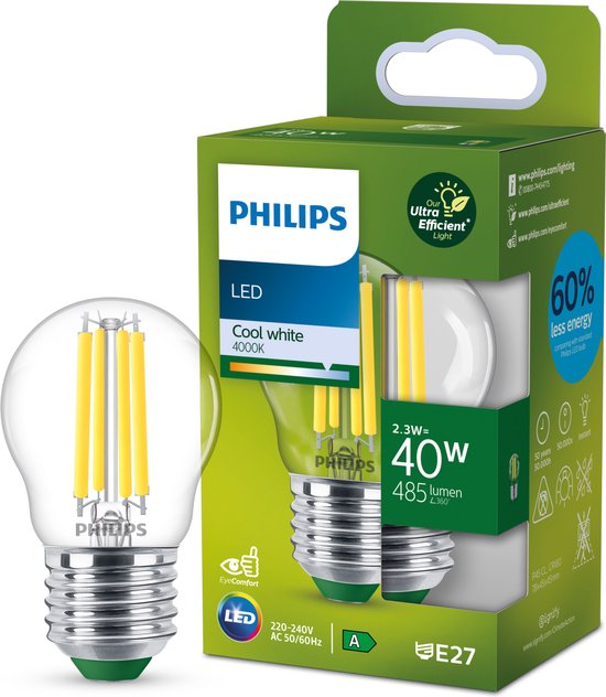 Philips Lampe boule LED Ultra Efficace Transparente - 40W - E27 - lumière blanc froid