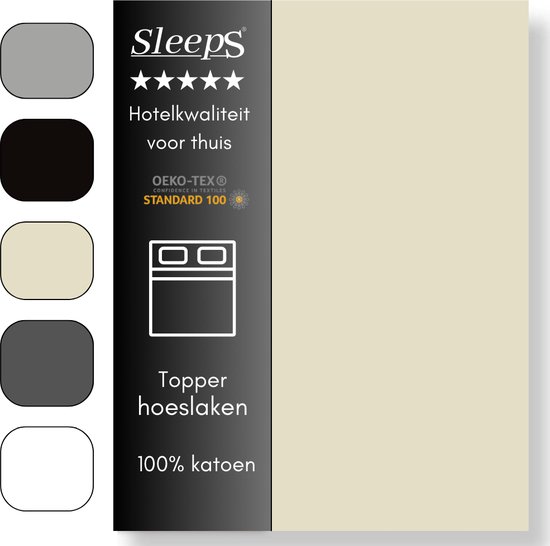 Sleeps Zacht Katoenen Topper Hoeslaken Crème 160x200 cm - Glad Katoen - Perfecte Pasvorm - Heerlijk Zacht