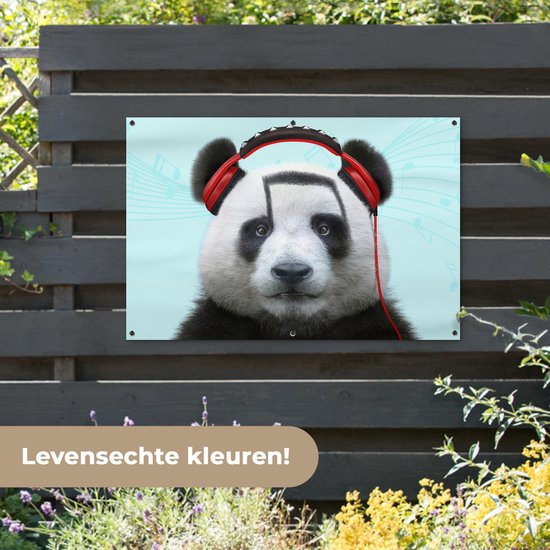 Affiche jardin - Toile jardin - Posters de jardin extérieur - Panda - Casque - Animal - Notes de musique - Rouge - 120x80 cm - Jardin