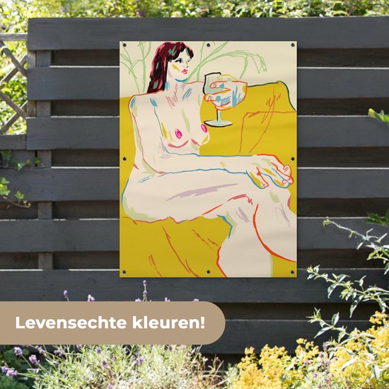 Affiche de jardin - Toile de jardin - Posters de jardin extérieur - Femme - Art - Verre à vin - Jaune - 90x120 cm - Jardin