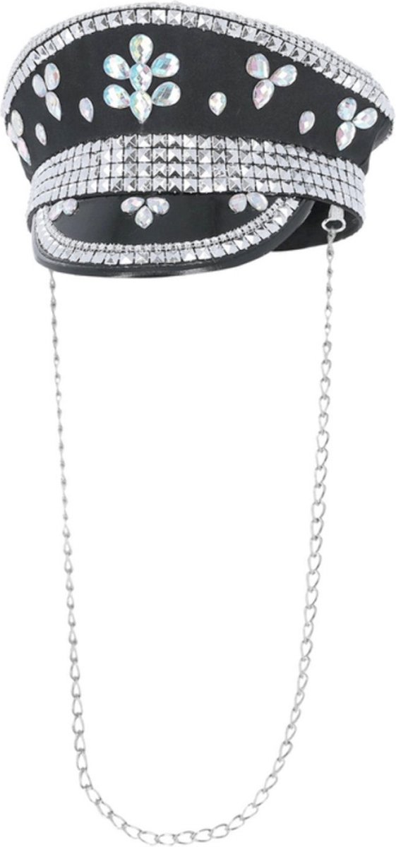 Fever - Deluxe Sequin Studded Captains Hat Kostuum Hoed - Zwart