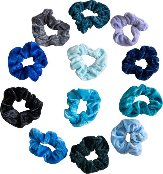 Haar - set van 12 verschillende scrunchies in blauwtinten - haarbandjes - haarelastiek