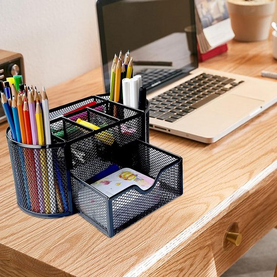 Organiseur Bureau Multifonctionnel, Rangement Bureau Organisateur de Bureau  Porte Stylo Bureau peu Encombrant Desk Papeterie Organizer avec Tiroir et  Compartiments en Maille Métallique