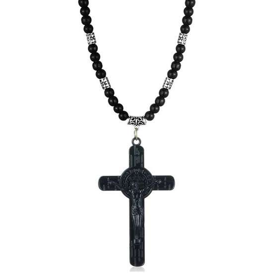 Collier de perles Sorprese X Cross - collier - collier de perles - noir-argent - avec grande croix - 65 cm - perles de 6 mm - Modèle Z - collier homme - cadeau - Modèle Z