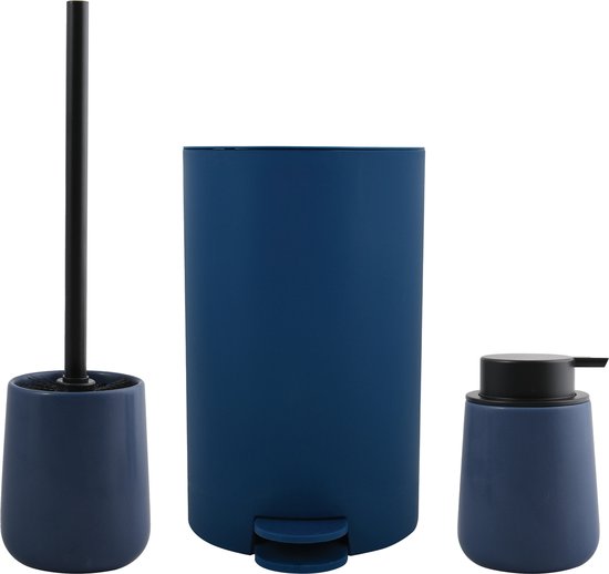 MSV Toiletborstel in houder/zeeppompje/pedaalemmer - badkamer set Malmo - keramiek - donkerblauw