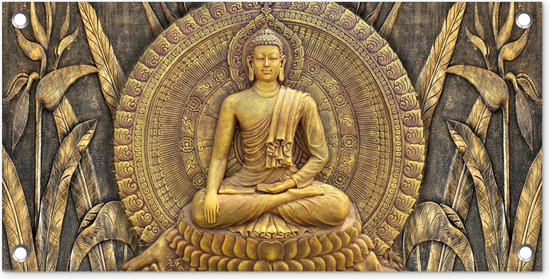 Tuinposter Goud - Boeddha beeld - Spiritueel - Meditatie - 60x30 cm - Tuindoek - Buitenposter