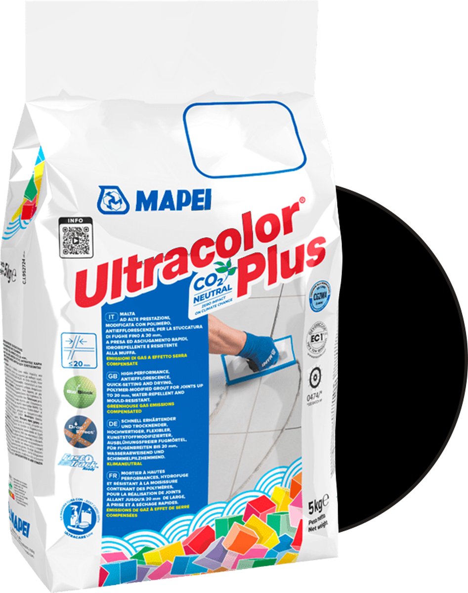 Mapei Ultracolor Plus Voegmortel - Waterafstotend & Schimmelwerend - Kleur 120 Zwart - 5 kg - Mapei