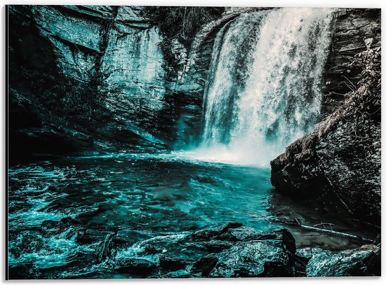 Dibond - Water - Waterval - Takken - Stenen - Blauw - 40x30 cm Foto op Aluminium (Wanddecoratie van metaal)