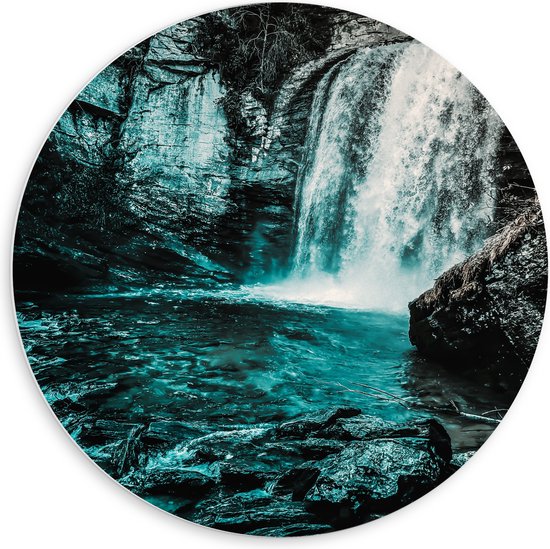 PVC Schuimplaat Muurcirkel - Water - Waterval - Takken - Stenen - Blauw - 60x60 cm Foto op Muurcirkel (met ophangsysteem)