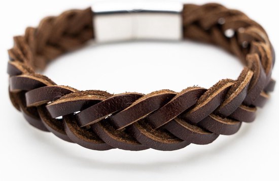 Bracelet Sorprese - Excellence - bracelet homme - marron - cuir tressé grossier - 19 cm - acier inoxydable - cadeau - Modèle O
