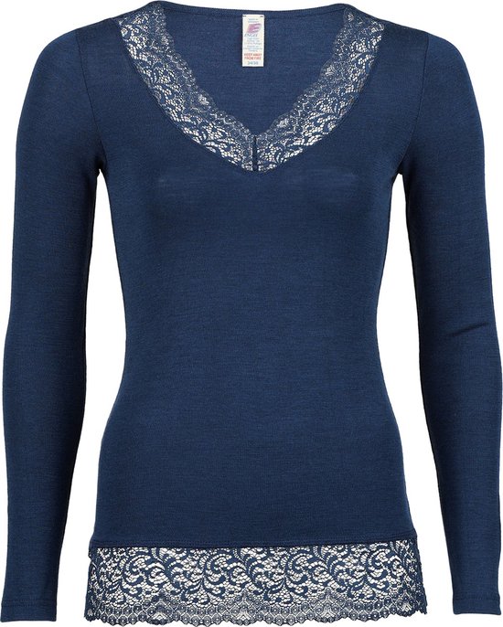 Dames Shirt Lange Mouw van Zijde en Merino Wol met Kant - Engel Natur - Blauw 42/44L