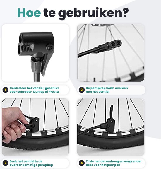 Stappenplan voor het gebruik van de fietspomp: ventiel controleren, pomp aanbrengen, ventiel indrukken, hendel omhoog.