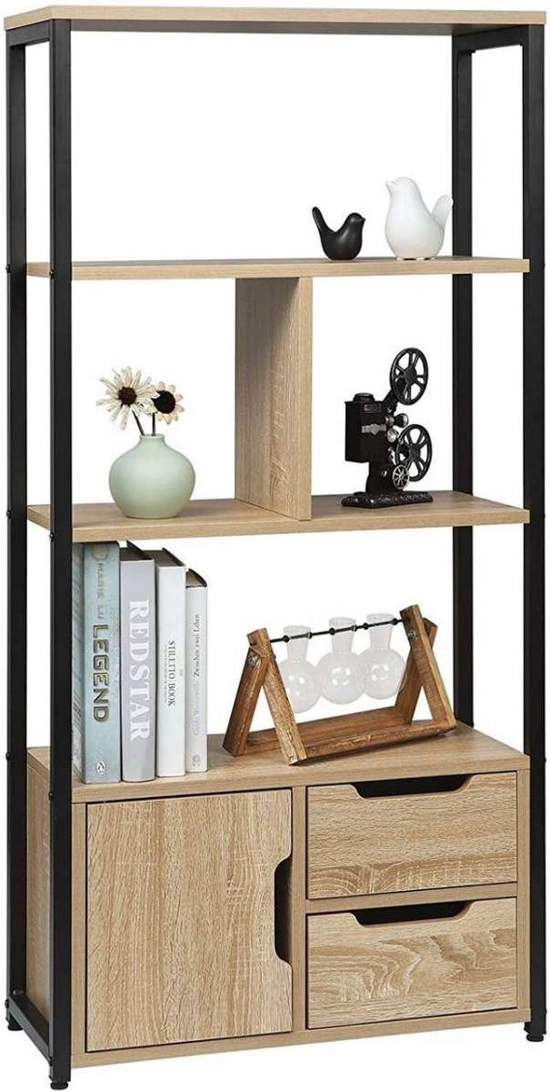 Happyment Boekenkast Nudi - Industrieel - 4 Lagen - Oak - 1 Deur en 2 Lades - Boekenrek - Woonkamer, slaapkamer en kinderkamer - Hout/Metaal - 58 x 24 x 120 cm