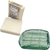 Blok zeep Kokos 100gr met glazen zeephouder - Natuurlijke ingrediënten - Zeephouder mondgeblazen en van gerecycled glas - Gebaseerd op essentiële oliën uit Grasse - Huidverzorging geschenkset - Giftset