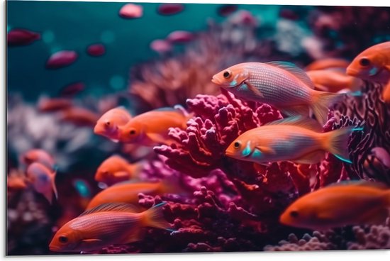 Dibond - Groep oranje vissen zwemmen door een roze koraal heen - 75x50 cm Foto op Aluminium (Wanddecoratie van metaal)