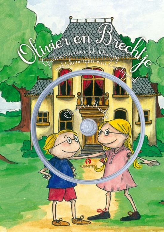 Boekomslag voorkant met illustratie van een jongen en meisje voor een huis, met "Olivier en Brechtje" in sierlijke letters.
