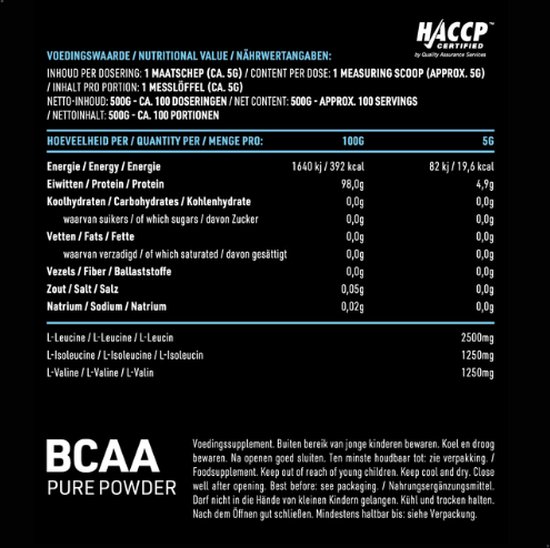 Voedingswaarde informatie voor BCAA Pure Powder, 500g
